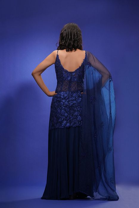 A model showcasing Navy Blue Cocktail Sharara by Shruti S Label from Shruti S Label's collection