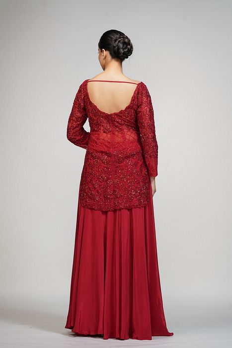 A model showcasing Red Cocktail Sharara by Shruti S Label from Shruti S Label's collection