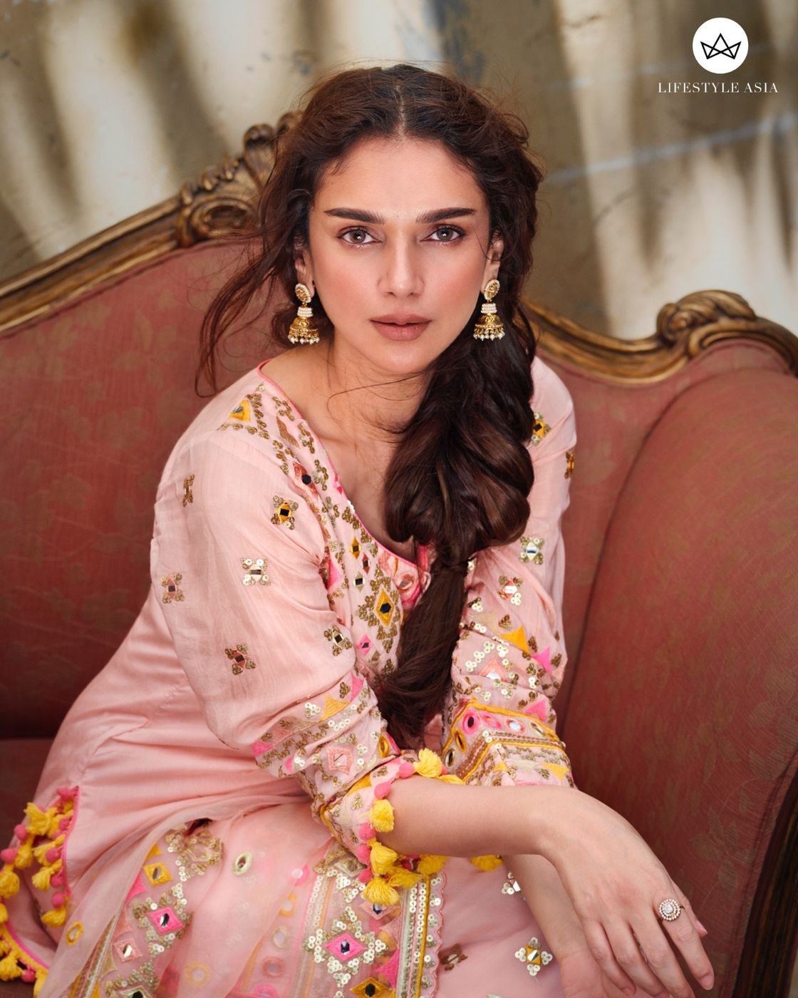 A model showcasing Pink Friya Short Kurta Sharara Set Feature image by Gopi Vaid from Gopi Vaid's collection