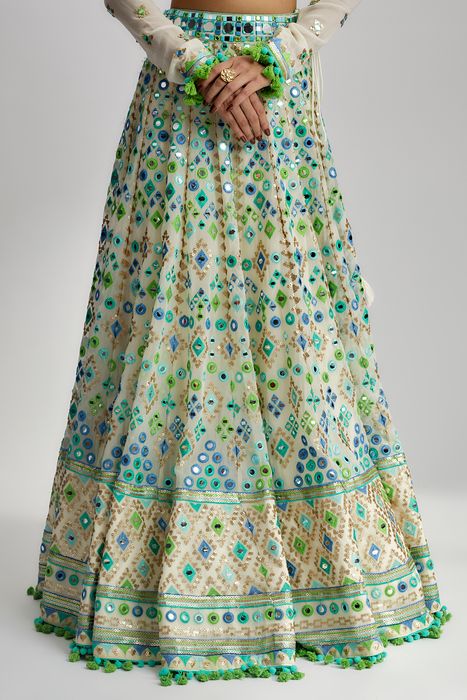 A model showcasing Ivory Alani Lehenga Set by Gopi Vaid from Gopi Vaid's collection