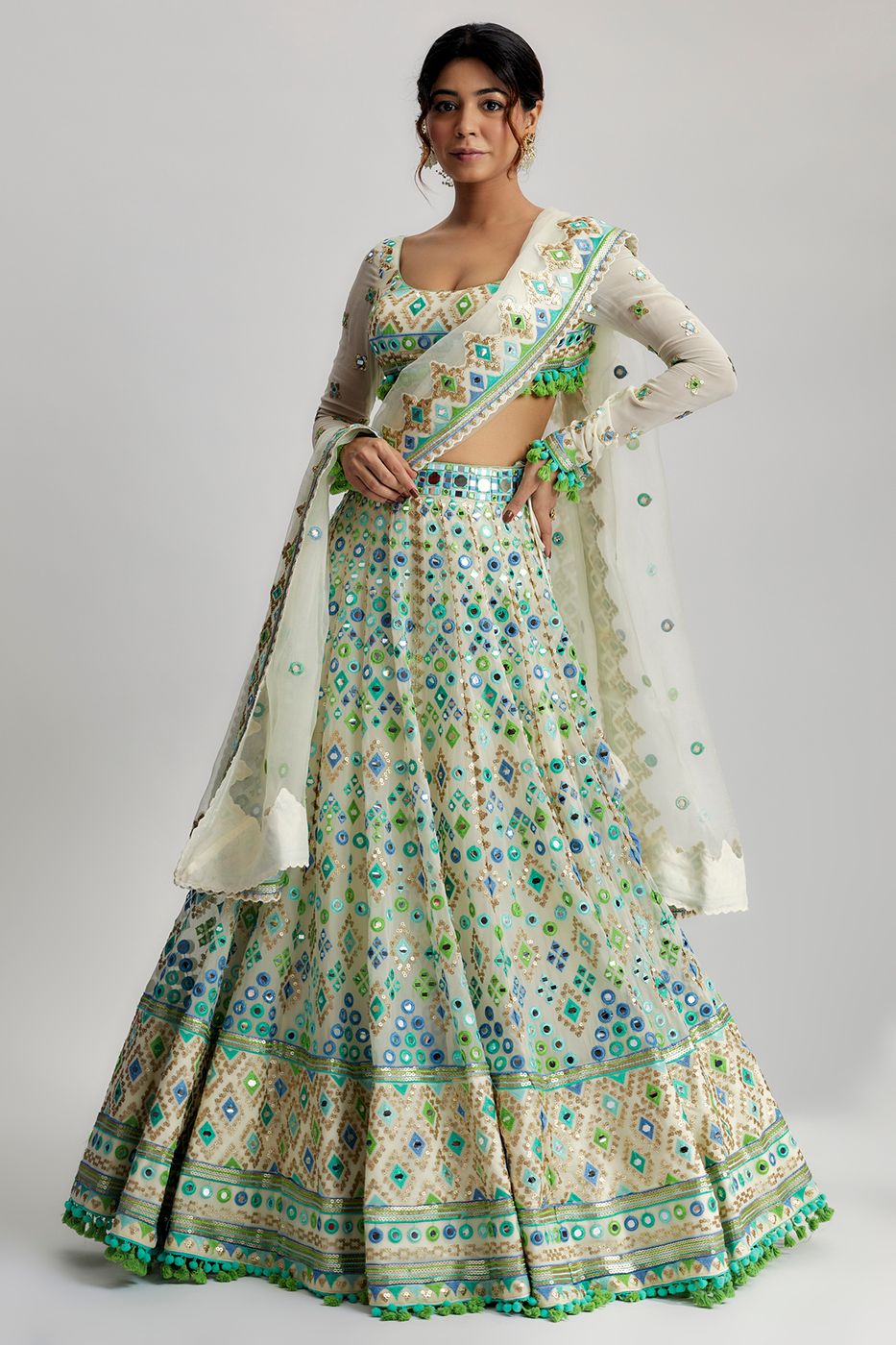A model showcasing Ivory Alani Lehenga Set Feature image by Gopi Vaid from Gopi Vaid's collection