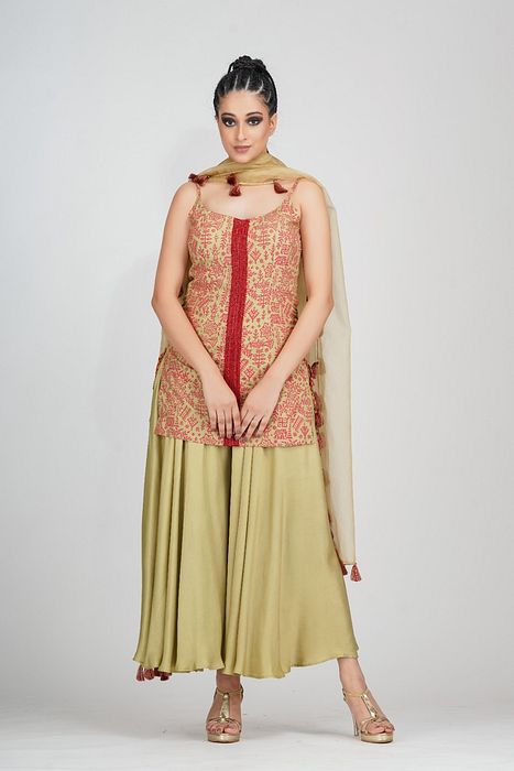 A model showcasing Sharara In Contrast Embroidery With Hand Paint by Shruti S Label from Shruti S Label's collection