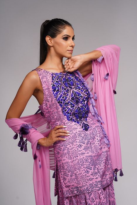 A model showcasing Hand Painted Ankle Sharara With Tassels by Shruti S Label from Shruti S Label's collection