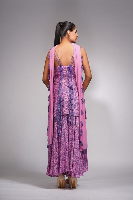 A model showcasing Hand Painted Ankle Sharara With Tassels by Shruti S Label from Shruti S Label's collection