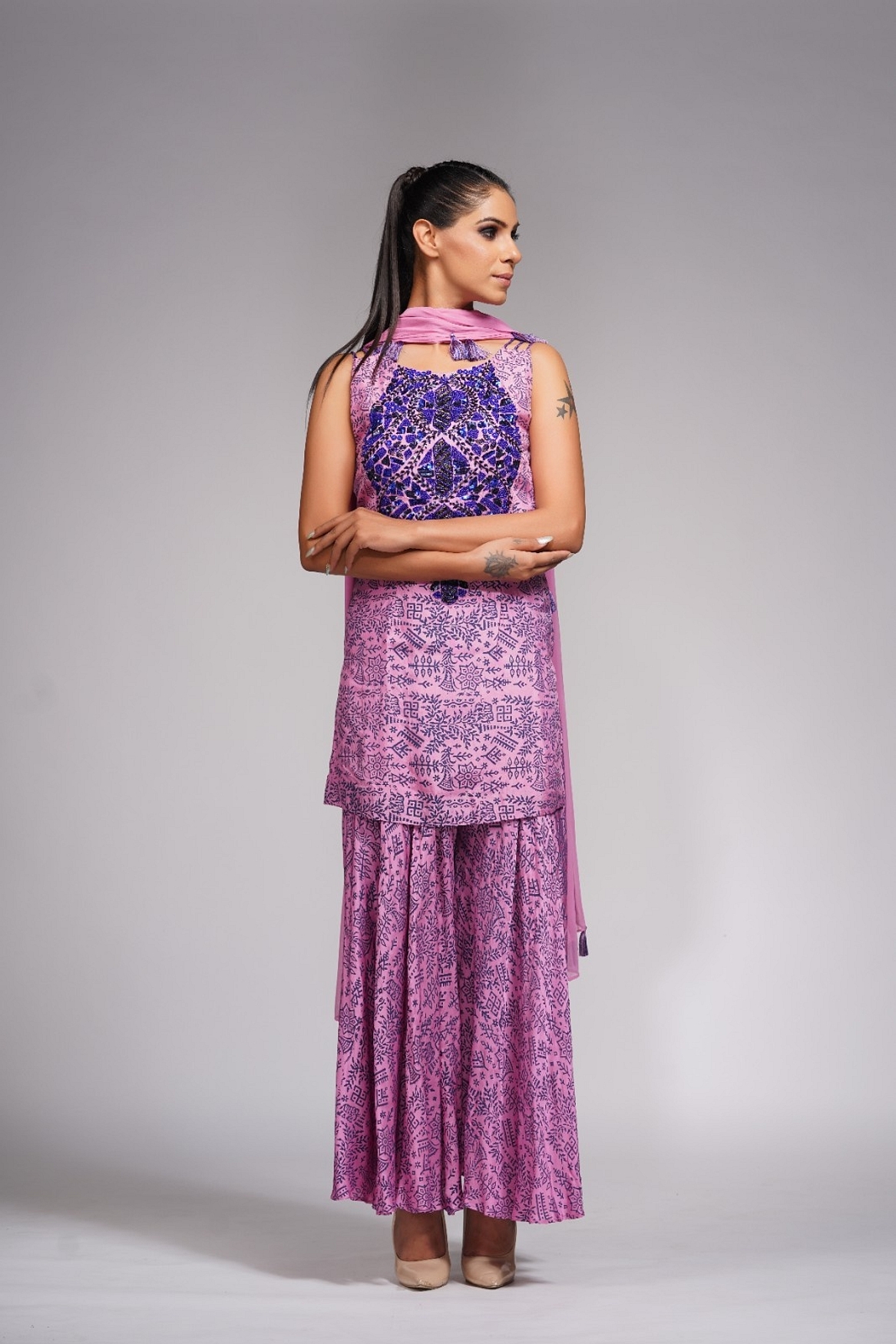 A model showcasing Hand Painted Ankle Sharara With Tassels Feature image by Shruti S Label from Shruti S Label's collection
