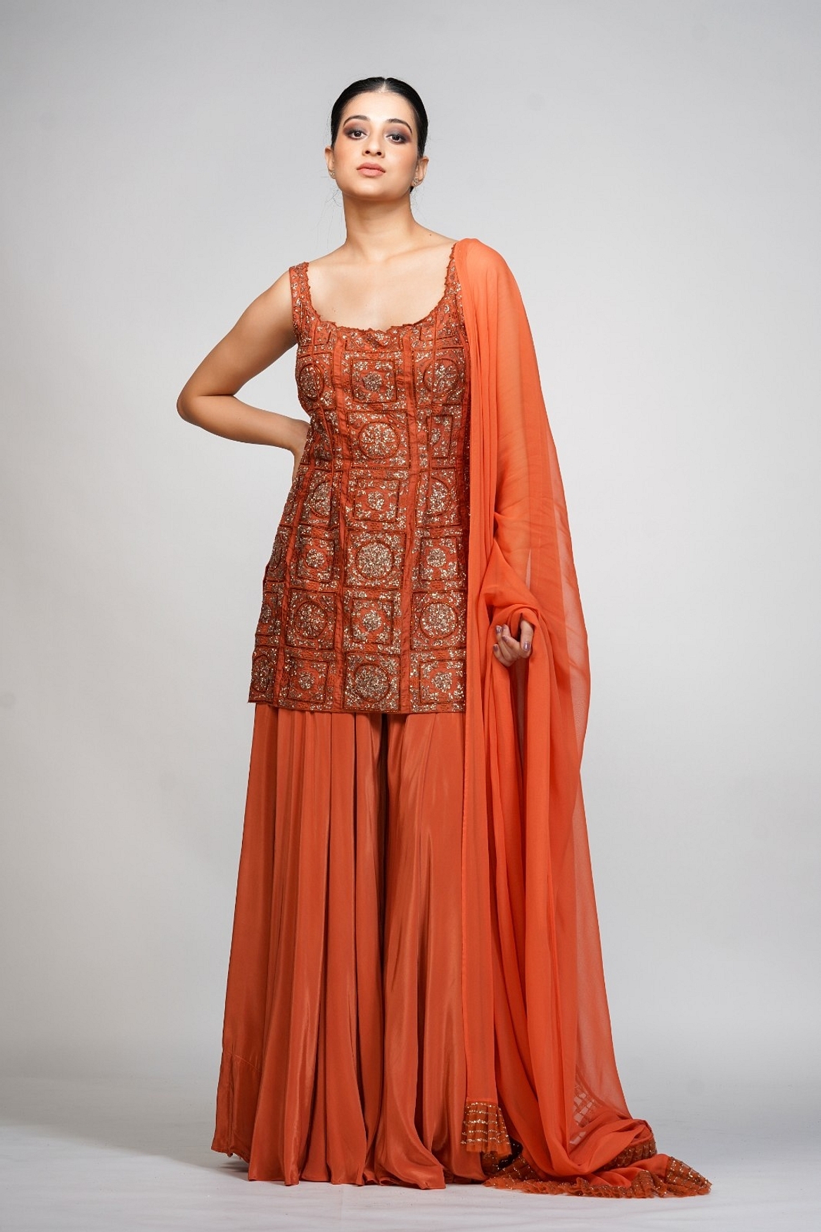 A model showcasing Burnt Orange Gharara Set Feature image by Shruti S Label from Shruti S Label's collection