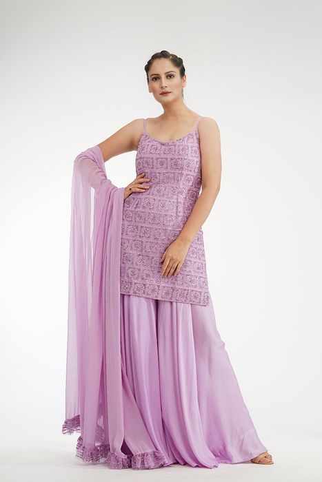 A model showcasing Lilac Sequin Sharara by Shruti S Label from Shruti S Label's collection
