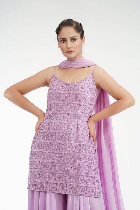 A model showcasing Lilac Sequin Sharara by Shruti S Label from Shruti S Label's collection