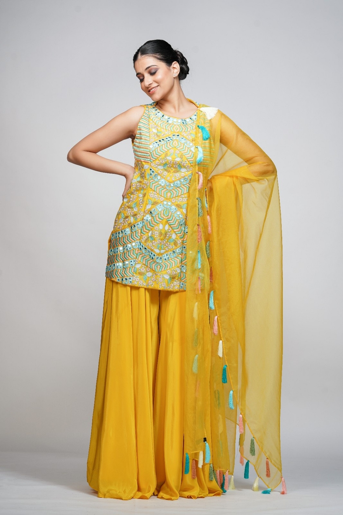 A model showcasing Resham Mirror Work Sharara Set Feature image by Shruti S Label from Shruti S Label's collection