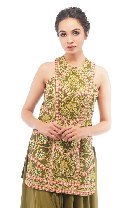 A model showcasing Boho Thread Work Racer Cut Sharara Set by Shruti S Label from Shruti S Label's collection