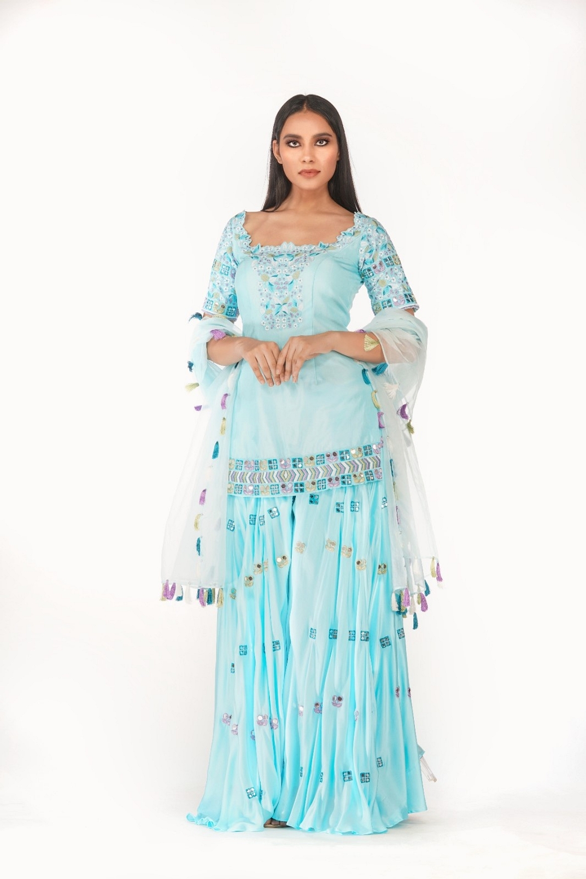 A model showcasing Classic Sharara Set Feature image by Shruti S Label from Shruti S Label's collection