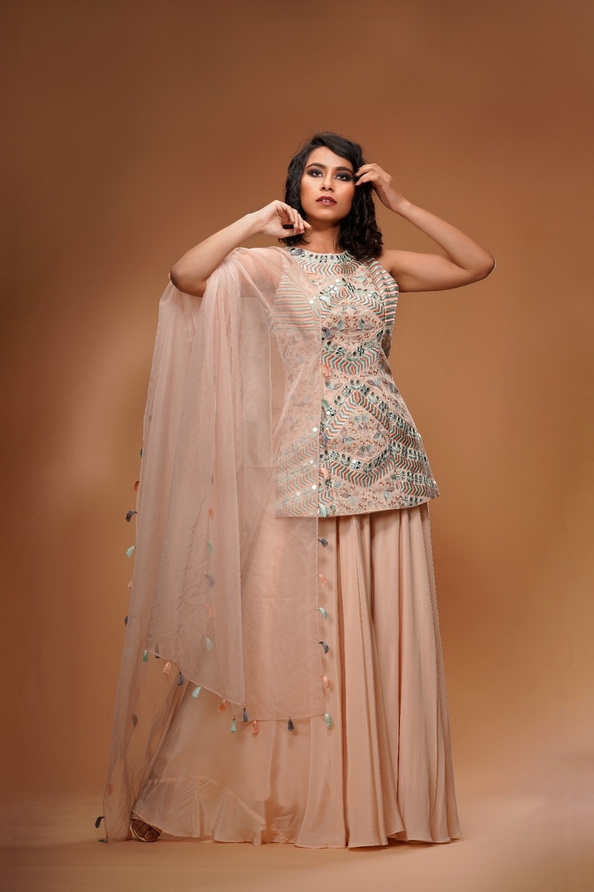 A model showcasing Beige Resham Mirror Work Sharara Set Feature image by Shruti S Label from Shruti S Label's collection