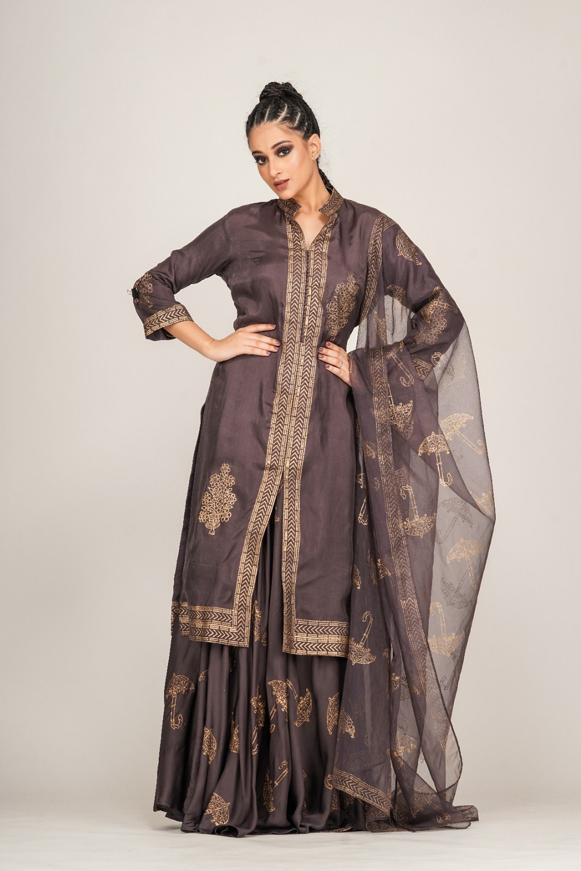 A model showcasing Metallic Print Sharara With Long Shirt Feature image by Shruti S Label from Shruti S Label's collection