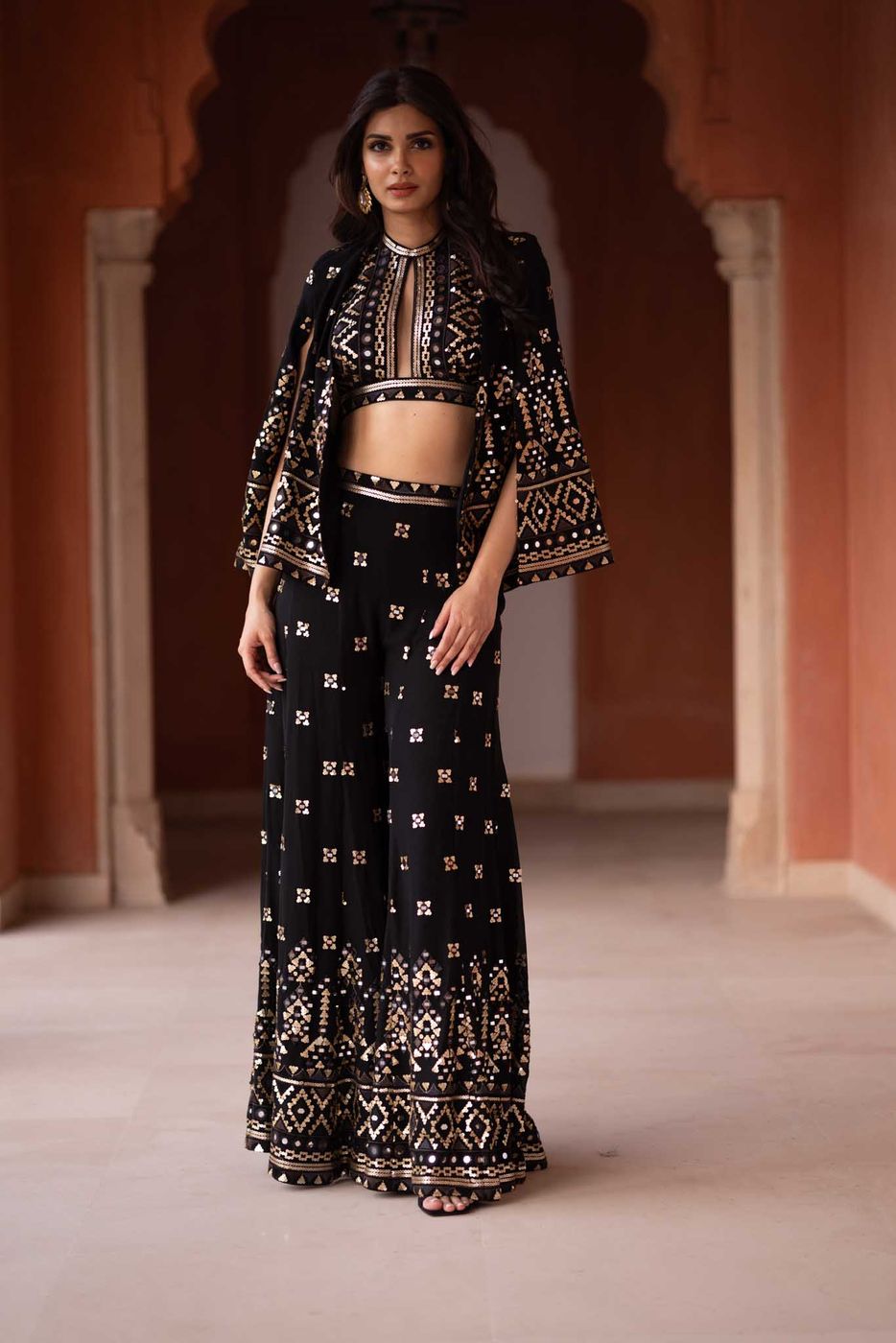 A model showcasing Diana Penty In Jiya Coord Set With Blazer In Black Feature image by Gopi Vaid from Gopi Vaid's collection