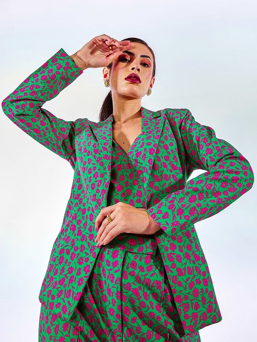 A model showcasing Flora Trio 3 Piece Blazer Coord Set by Fuga Clothing from Fuga Clothing's collection