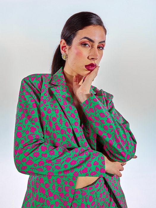 A model showcasing Flora Trio 3 Piece Blazer Coord Set by Fuga Clothing from Fuga Clothing's collection