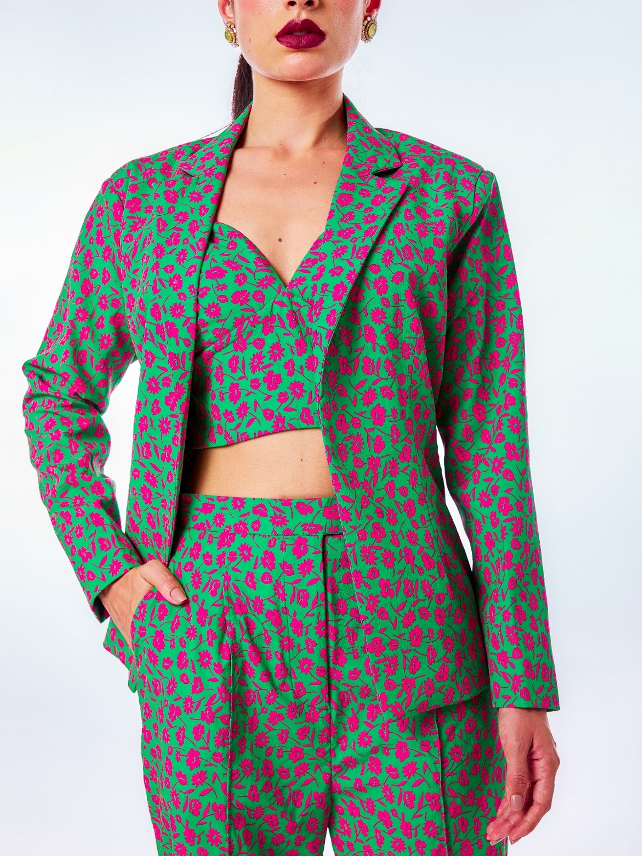 A model showcasing Flora Trio 3 Piece Blazer Coord Set Feature image by Fuga Clothing from Fuga Clothing's collection