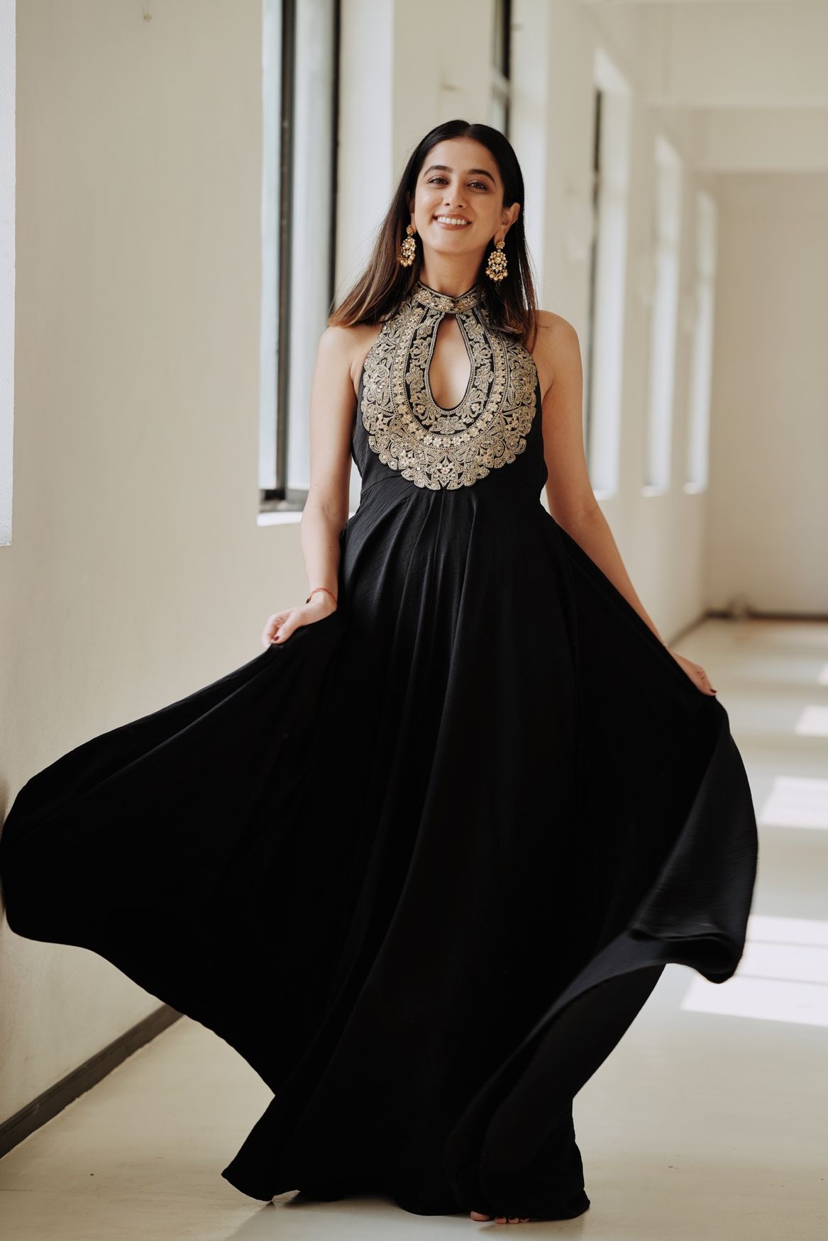 A model showcasing Karishma Mehta In Black Golconda Fana Gown Feature image by Gopi Vaid from Gopi Vaid's collection
