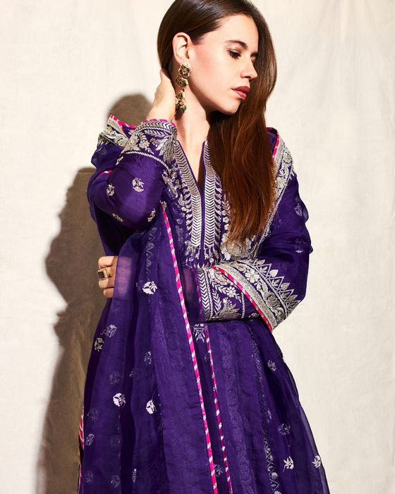 A model showcasing Kalki Koechlin In Purple Golconda Amaya Palazzo Set by Gopi Vaid from Gopi Vaid's collection