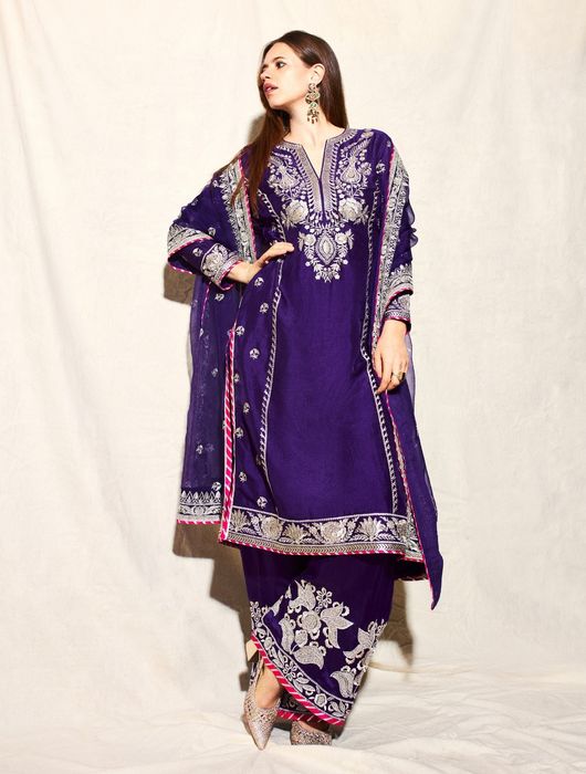 A model showcasing Kalki Koechlin In Purple Golconda Amaya Palazzo Set by Gopi Vaid from Gopi Vaid's collection
