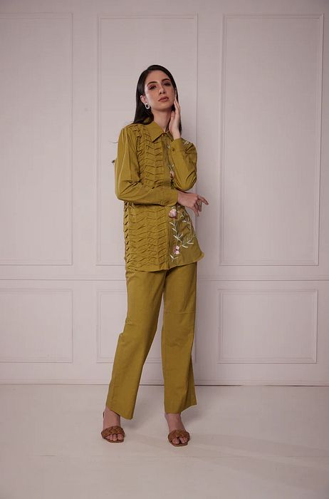 A model showcasing Slime Embroidered Shirt Set by Fuga Clothing from Fuga Clothing's collection A model showcasing Slime Embroidered Shirt Set by Fuga Clothing from Fuga Clothing's collection