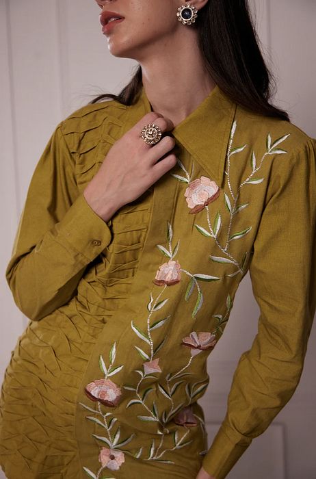 A model showcasing Slime Embroidered Shirt Set by Fuga Clothing from Fuga Clothing's collection A model showcasing Slime Embroidered Shirt Set by Fuga Clothing from Fuga Clothing's collection