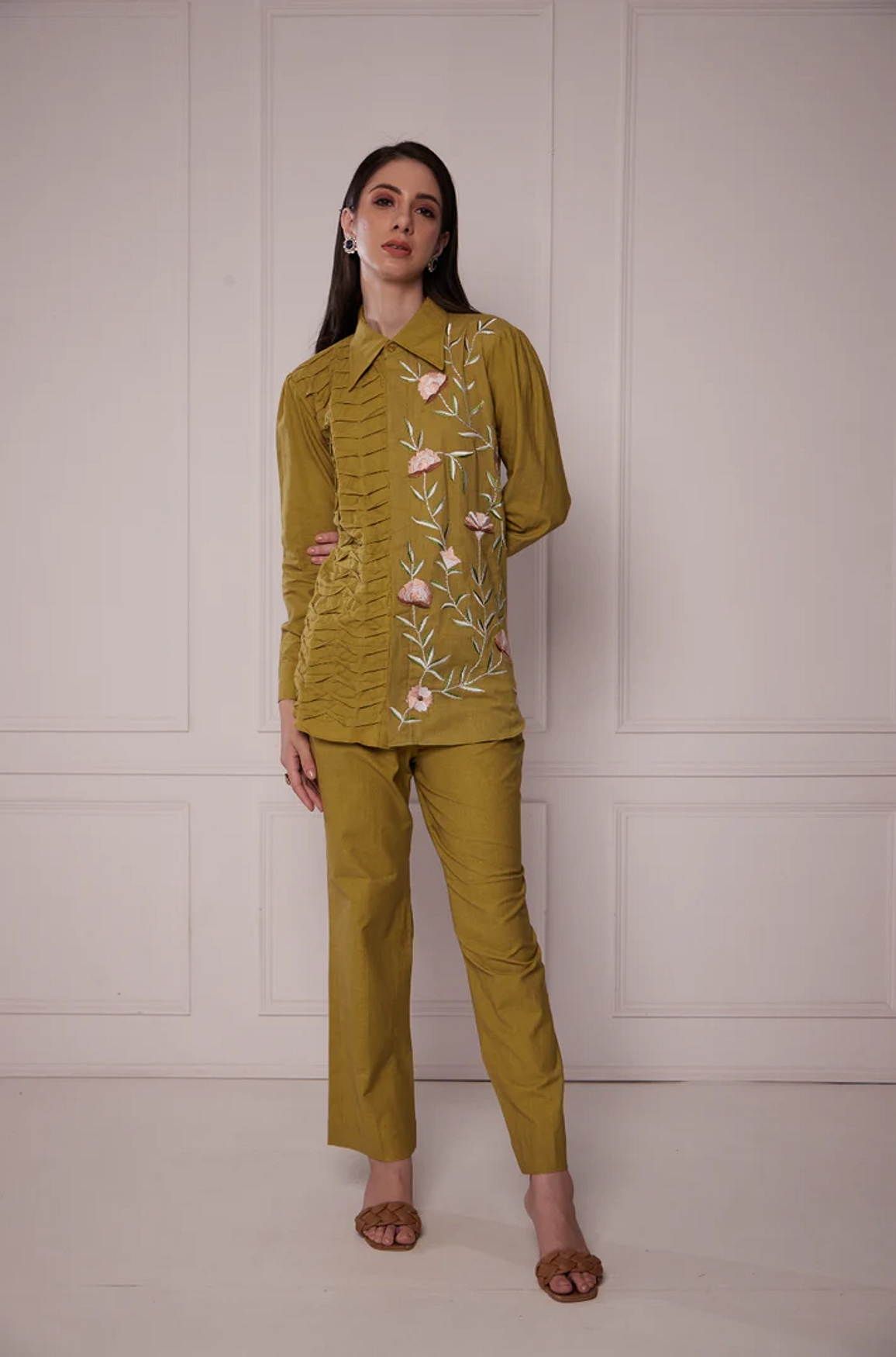 A model showcasing Slime Embroidered Shirt Set Feature image by Fuga Clothing from Fuga Clothing's collection