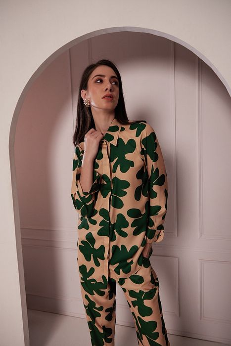 A model showcasing Beige Green Shirt Set by Fuga Clothing from Fuga Clothing's collection A model showcasing Beige Green Shirt Set by Fuga Clothing from Fuga Clothing's collection