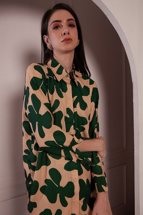 A model showcasing Beige Green Shirt Set by Fuga Clothing from Fuga Clothing's collection A model showcasing Beige Green Shirt Set by Fuga Clothing from Fuga Clothing's collection