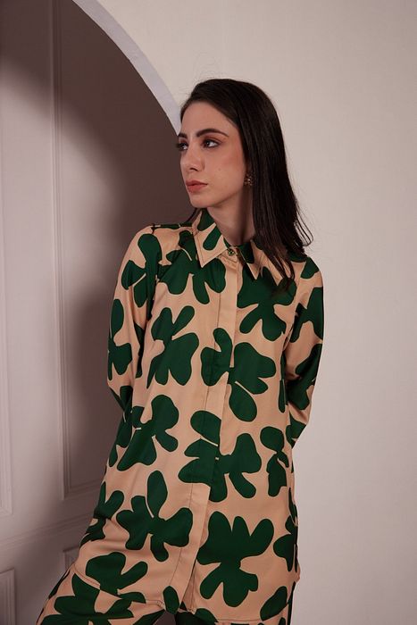 A model showcasing Beige Green Shirt Set by Fuga Clothing from Fuga Clothing's collection A model showcasing Beige Green Shirt Set by Fuga Clothing from Fuga Clothing's collection