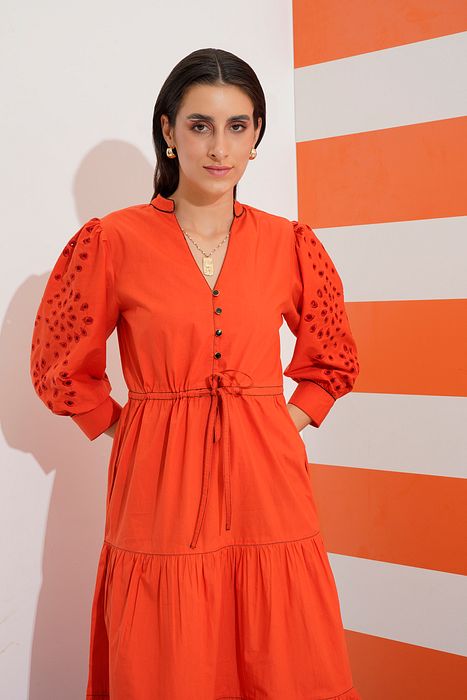 A model showcasing Seraphine Rising Embroidered Dress by Stitch Stories from Stitch Stories's collection