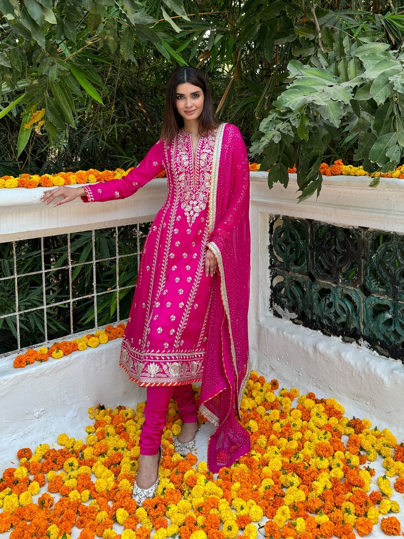 A model showcasing Diana Penty In Rani Pink Aarohi Anarkali Set Feature image by Gopi Vaid from Gopi Vaid's collection