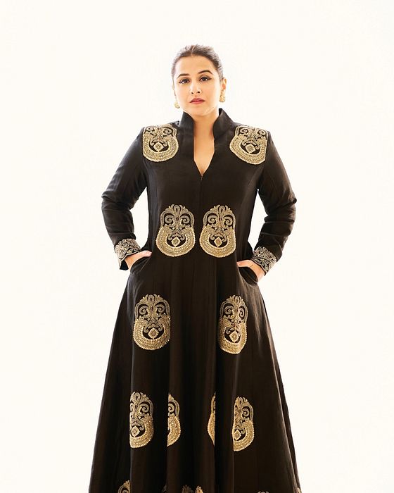 A model showcasing Vidhya Balan In Black Golconda Aadhya Jacket Pant Set by Gopi Vaid from Gopi Vaid's collection