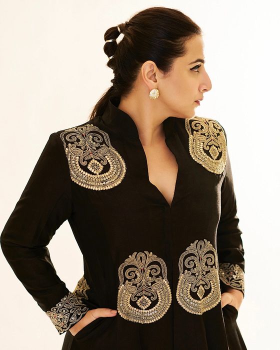 A model showcasing Vidhya Balan In Black Golconda Aadhya Jacket Pant Set by Gopi Vaid from Gopi Vaid's collection