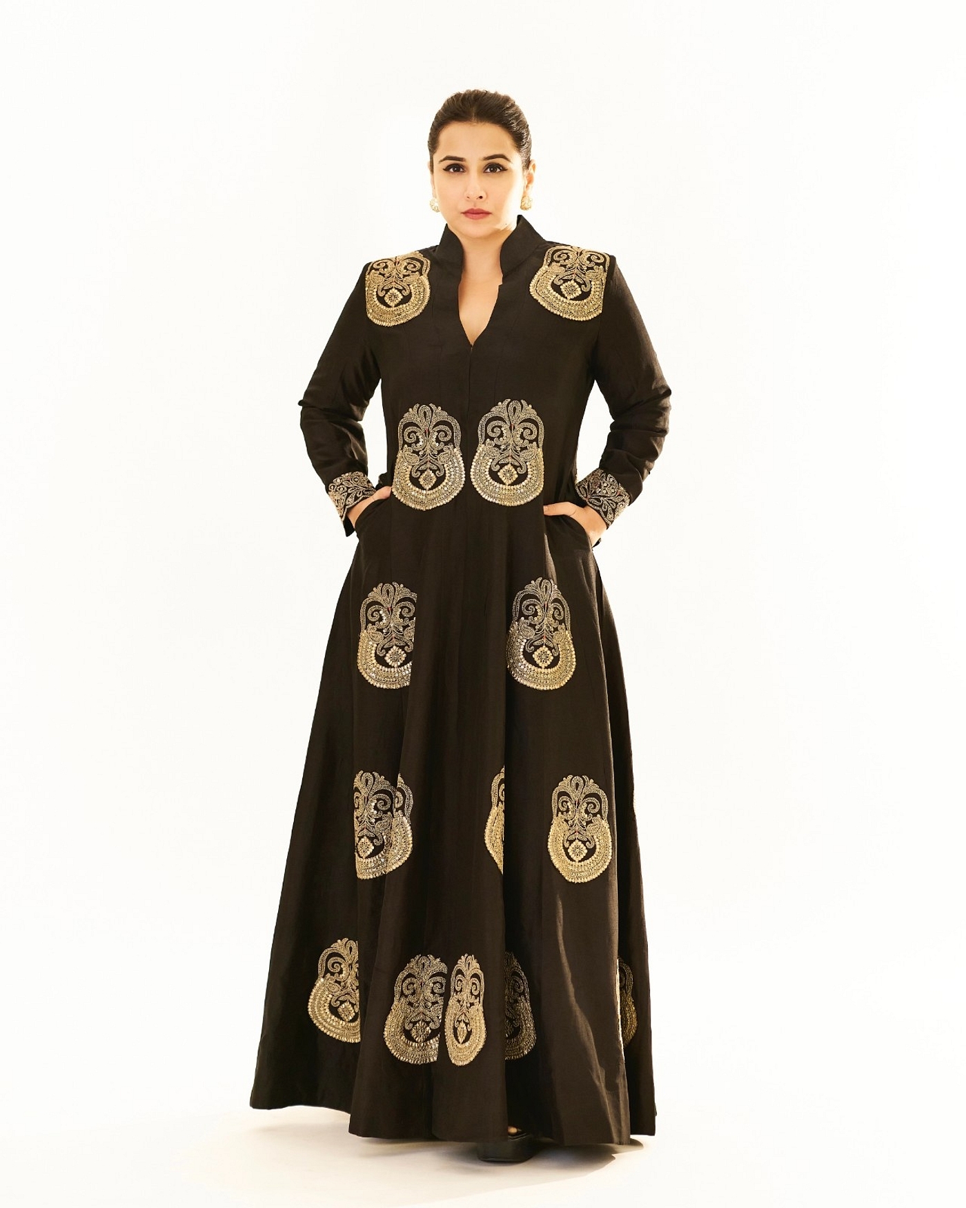 A model showcasing Vidhya Balan In Black Golconda Aadhya Jacket Pant Set Feature image by Gopi Vaid from Gopi Vaid's collection