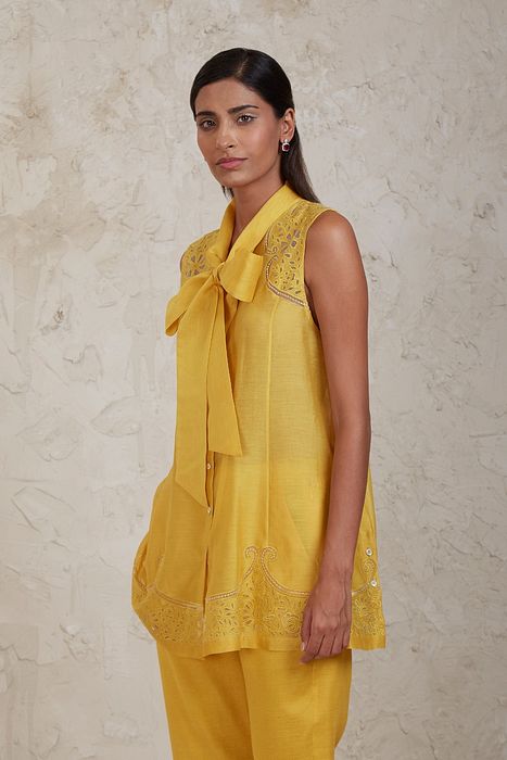 A model showcasing Yellow Ifza Coordinate Set by Sue Mue from Sue Mue's collection