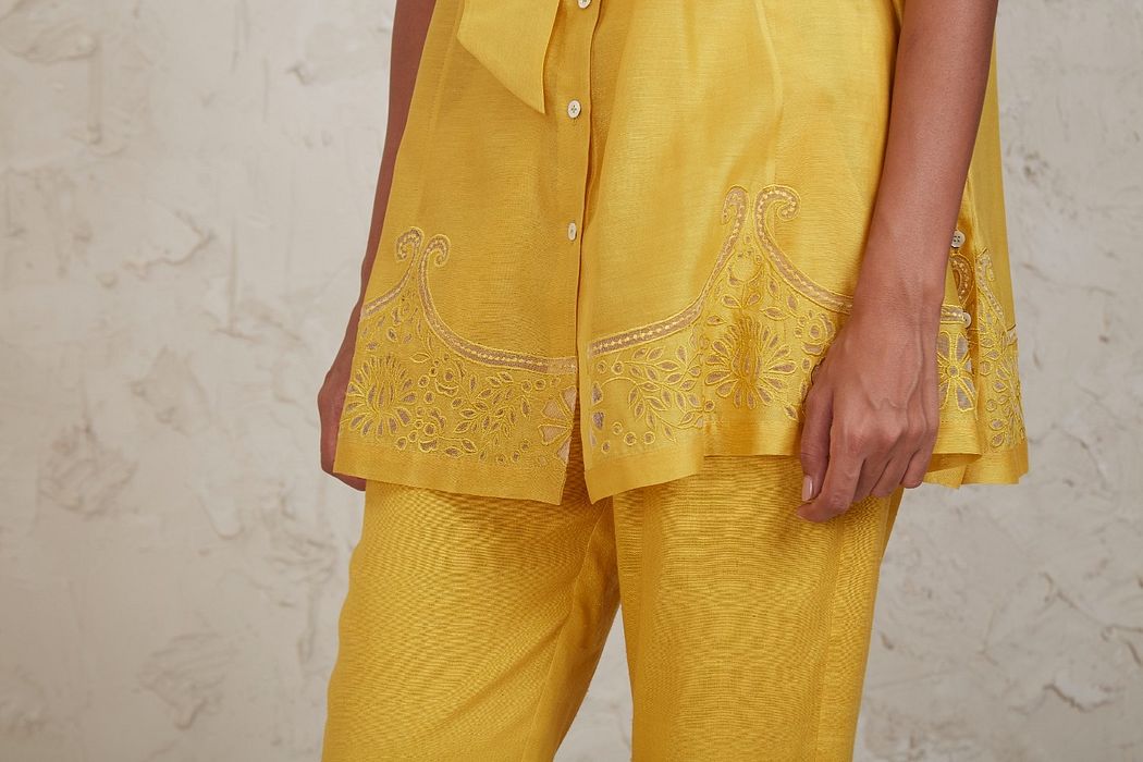 A model showcasing Yellow Ifza Coordinate Set by Sue Mue from Sue Mue's collection