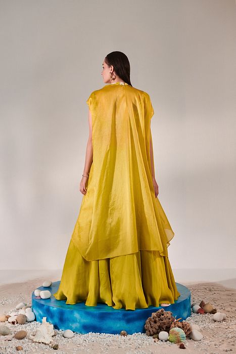 A model showcasing Cutwork Blouse Cape And Lehenga Set by One Knot One from One Knot One's collection