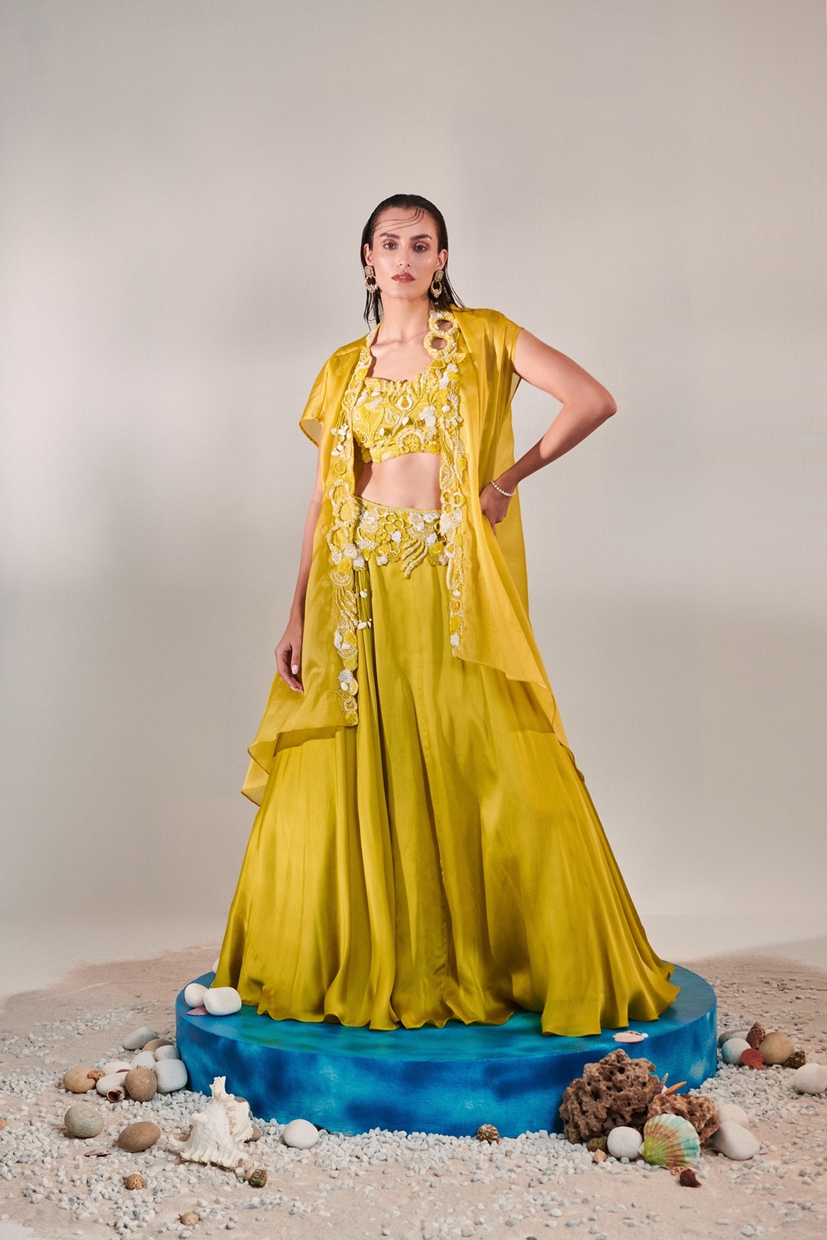A model showcasing Cutwork Blouse Cape And Lehenga Set Feature image by One Knot One from One Knot One's collection