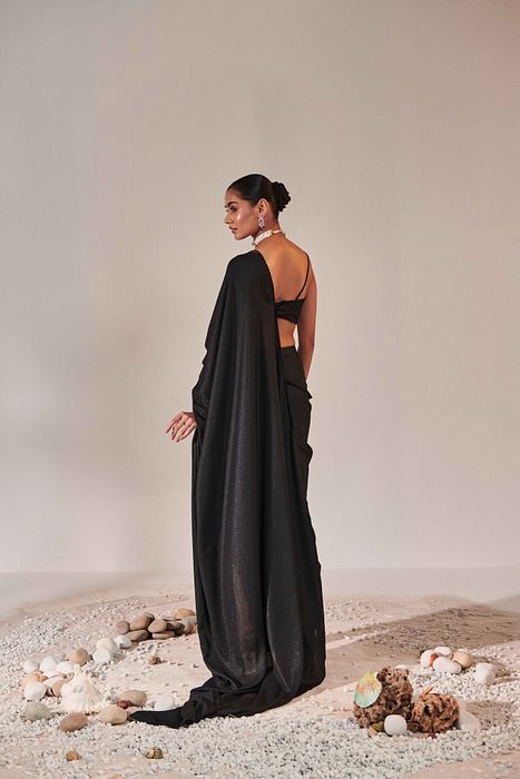 A model showcasing Fuss Free Pre Stitched Drape Saree by One Knot One from One Knot One's collection