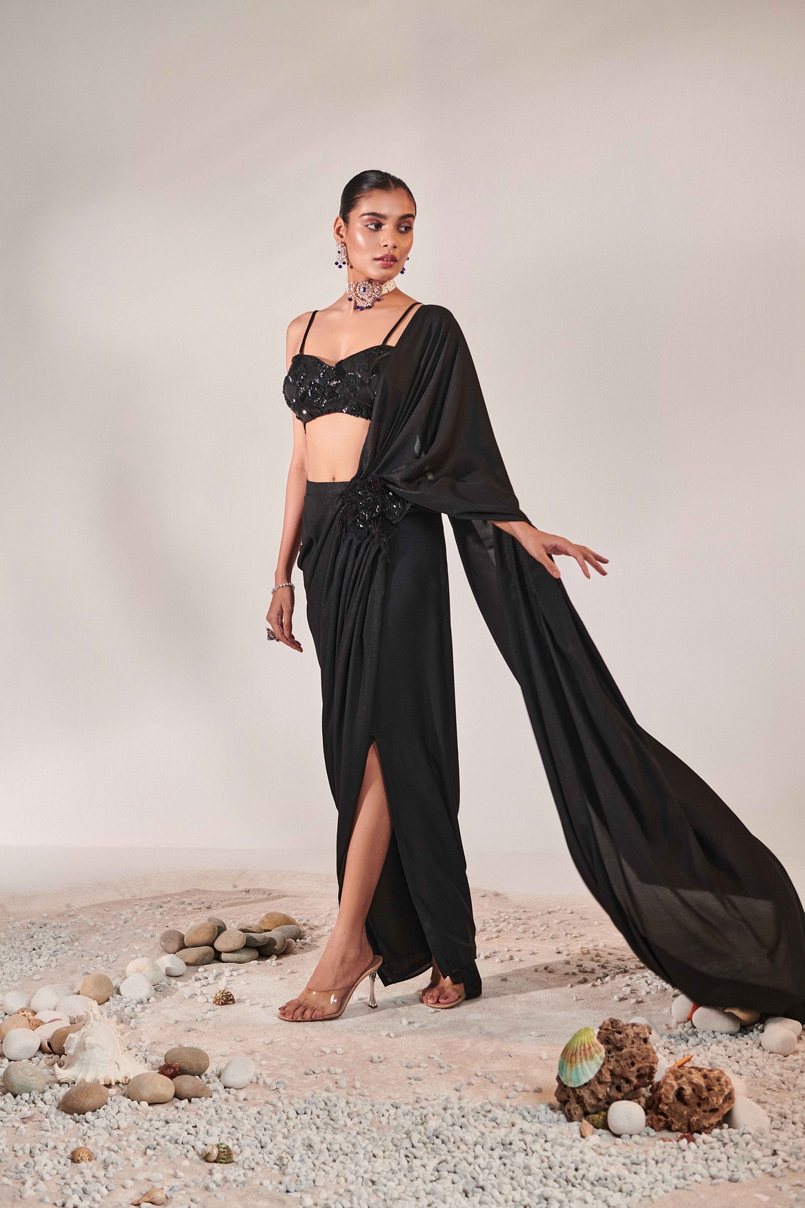 A model showcasing Fuss Free Pre Stitched Drape Saree Feature image by One Knot One from One Knot One's collection
