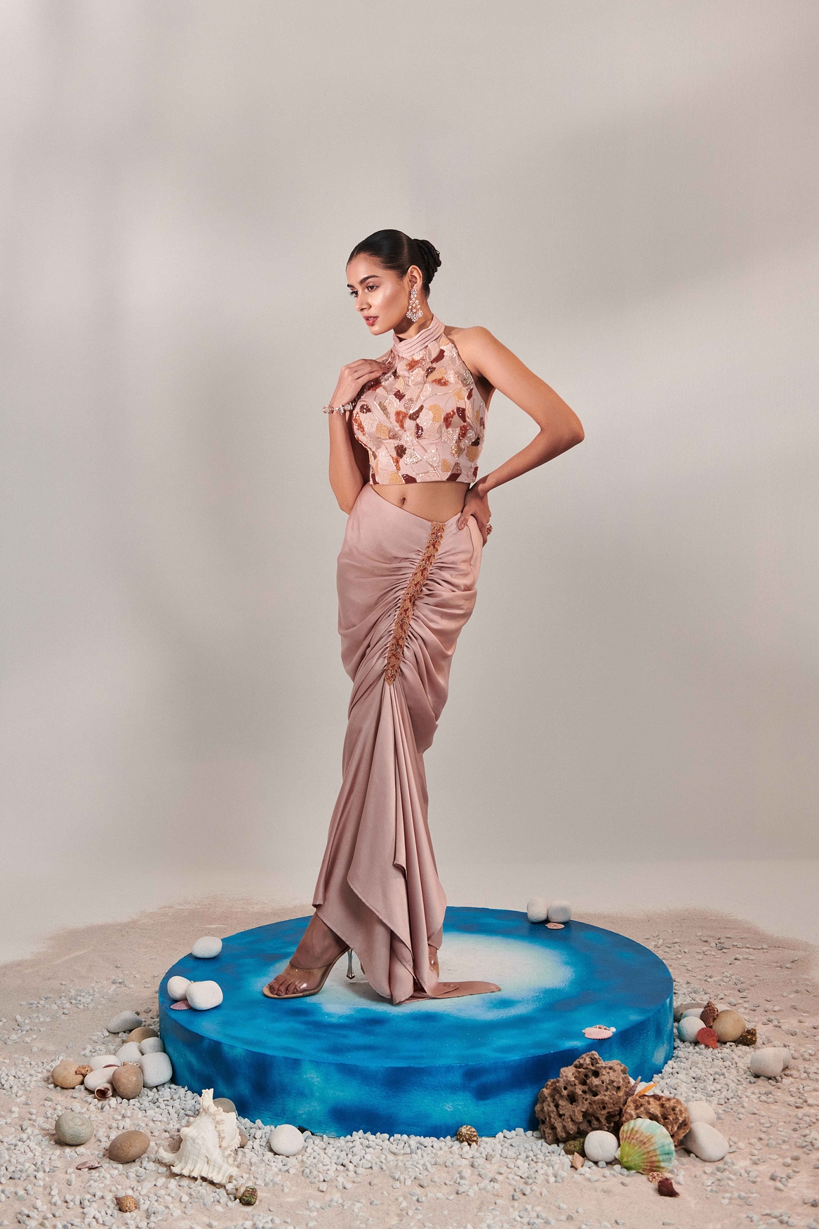 A model showcasing Nudish Pink Skirt Set Feature image by One Knot One from One Knot One's collection