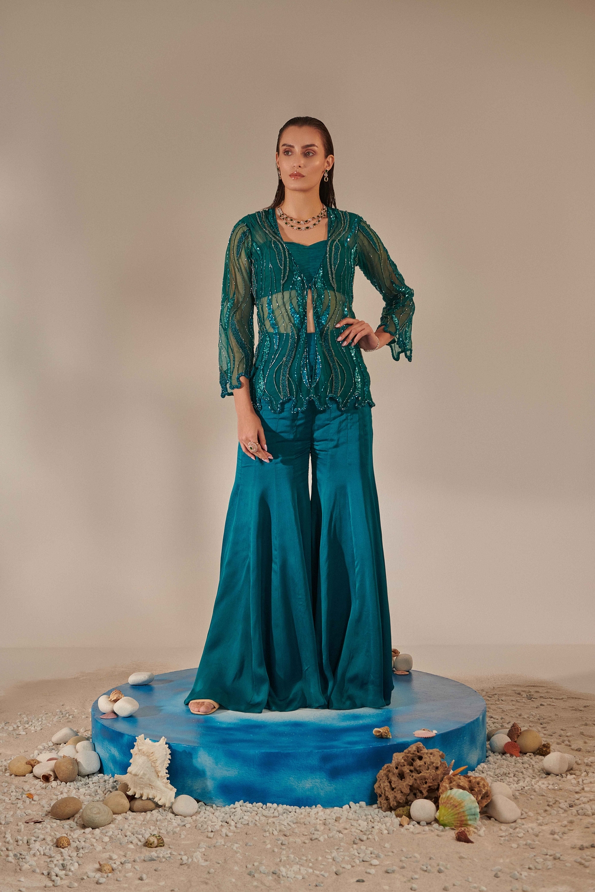 A model showcasing Teal Cutwork Jacket Set Feature image by One Knot One from One Knot One's collection