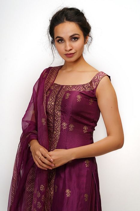 A model showcasing Metallic Print Sharara by Shruti S Label from Shruti S Label's collection