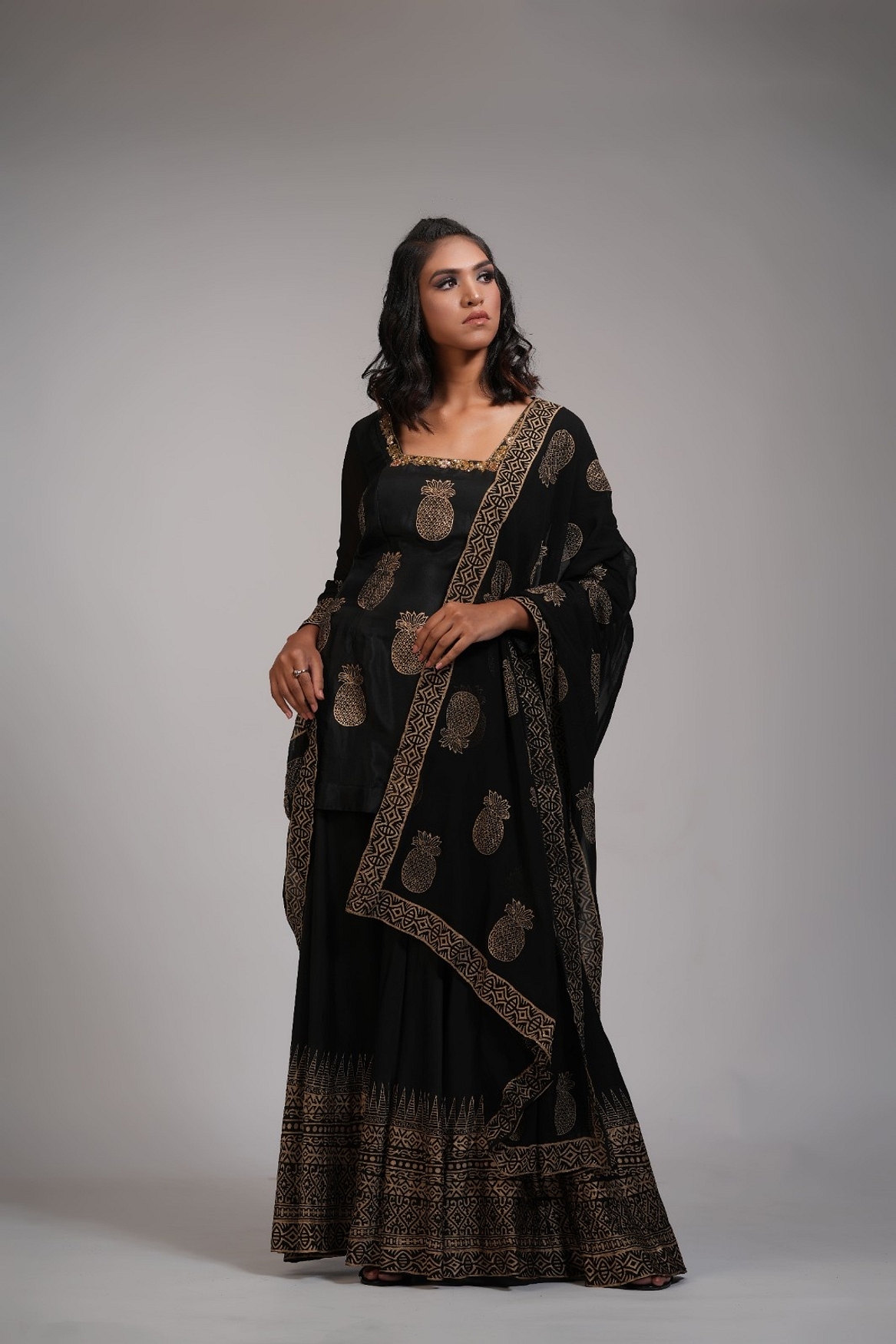 A model showcasing Ananaas Hand Block Printed Sharara Set In Silk Feature image by Shruti S Label from Shruti S Label's collection