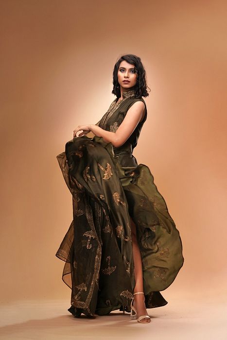 A model showcasing Metallic Print Sharara Set by Shruti S Label from Shruti S Label's collection