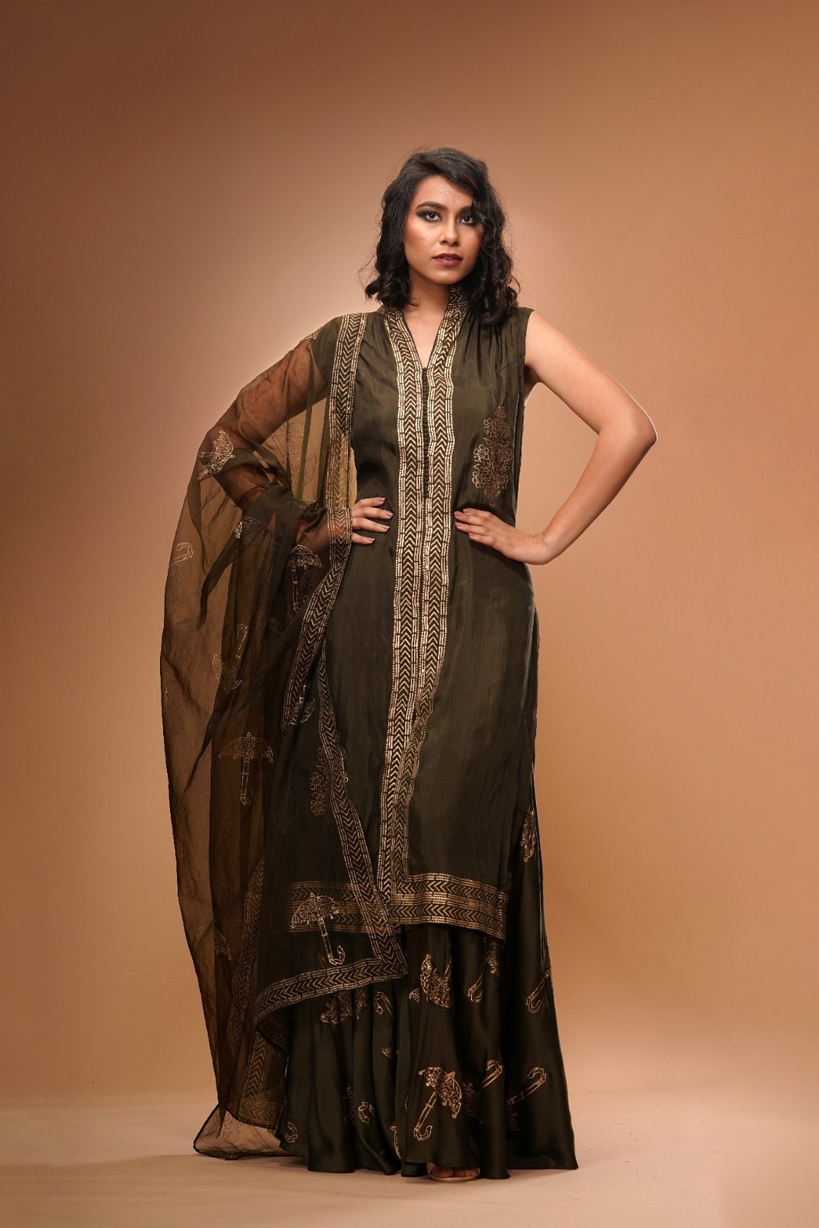 A model showcasing Metallic Print Sharara Set Feature image by Shruti S Label from Shruti S Label's collection