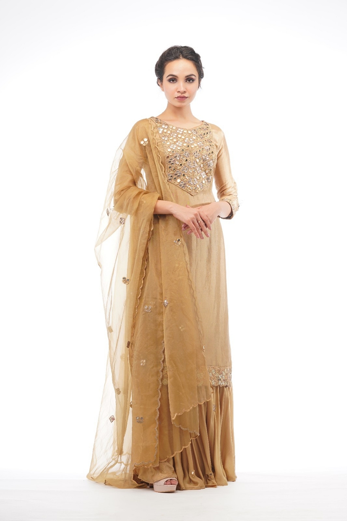 A model showcasing Zari And Mirror Cutwork Sharara Set With Long Shirt Feature image by Shruti S Label from Shruti S Label's collection