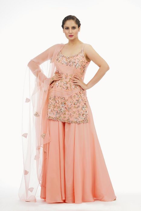 A model showcasing The Modern Sharara Suit by Shruti S Label from Shruti S Label's collection