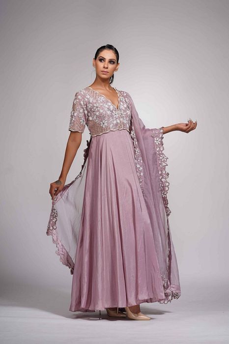 A model showcasing Lilac Anarkali Set With White Embroidery by Shruti S Label from Shruti S Label's collection